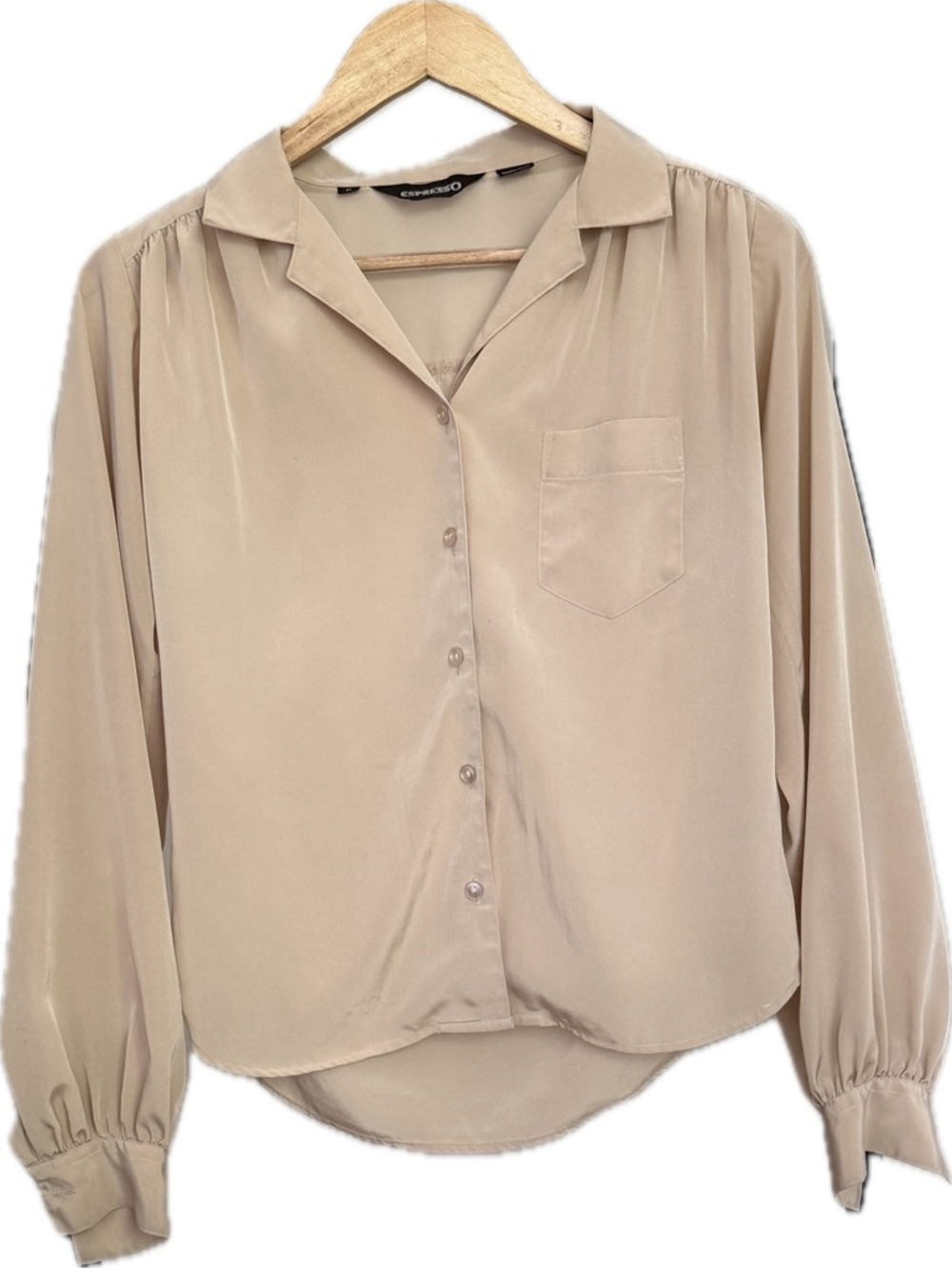 Espresso Light Beige Silky Button-Down Long Sleeve Blouse Minimalist Chic Size S